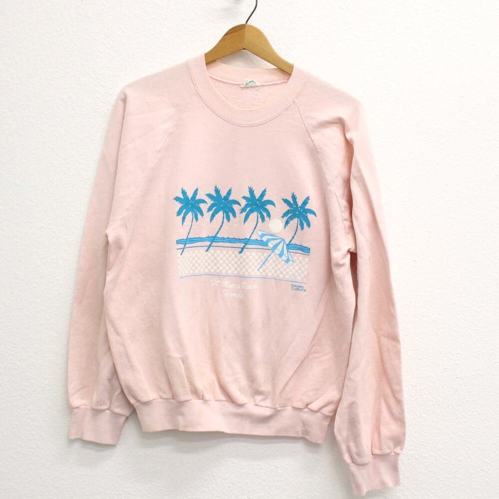 Vintage Pink Sweatshirt with Blue Palm Tree Graphic